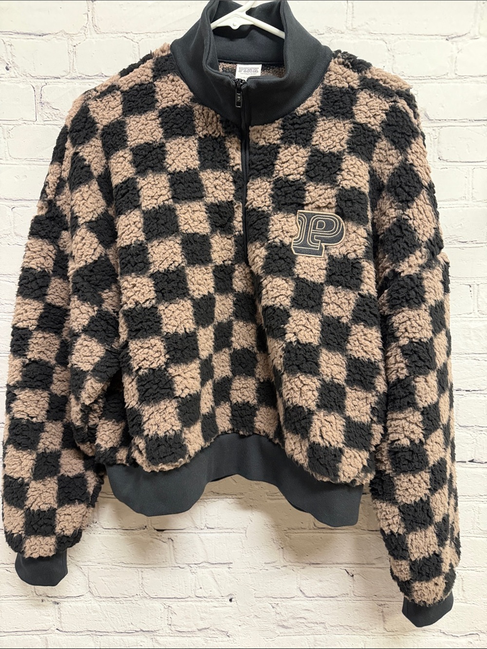 Pink victoria’s Secret Brown black checkered Sherpa Half Zip Sweatshirt Large
